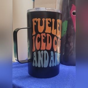 15oz black stainless steel hot/cold fueled by coffee & anxiety cup w handle lid